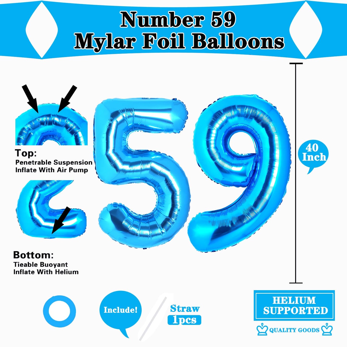 Uwpvowsr Blue Number 59 Balloons 40'' Foil Number Balloon 59Th Birthday Balloons Digit 59 Helium Big Balloons For Birthday Party