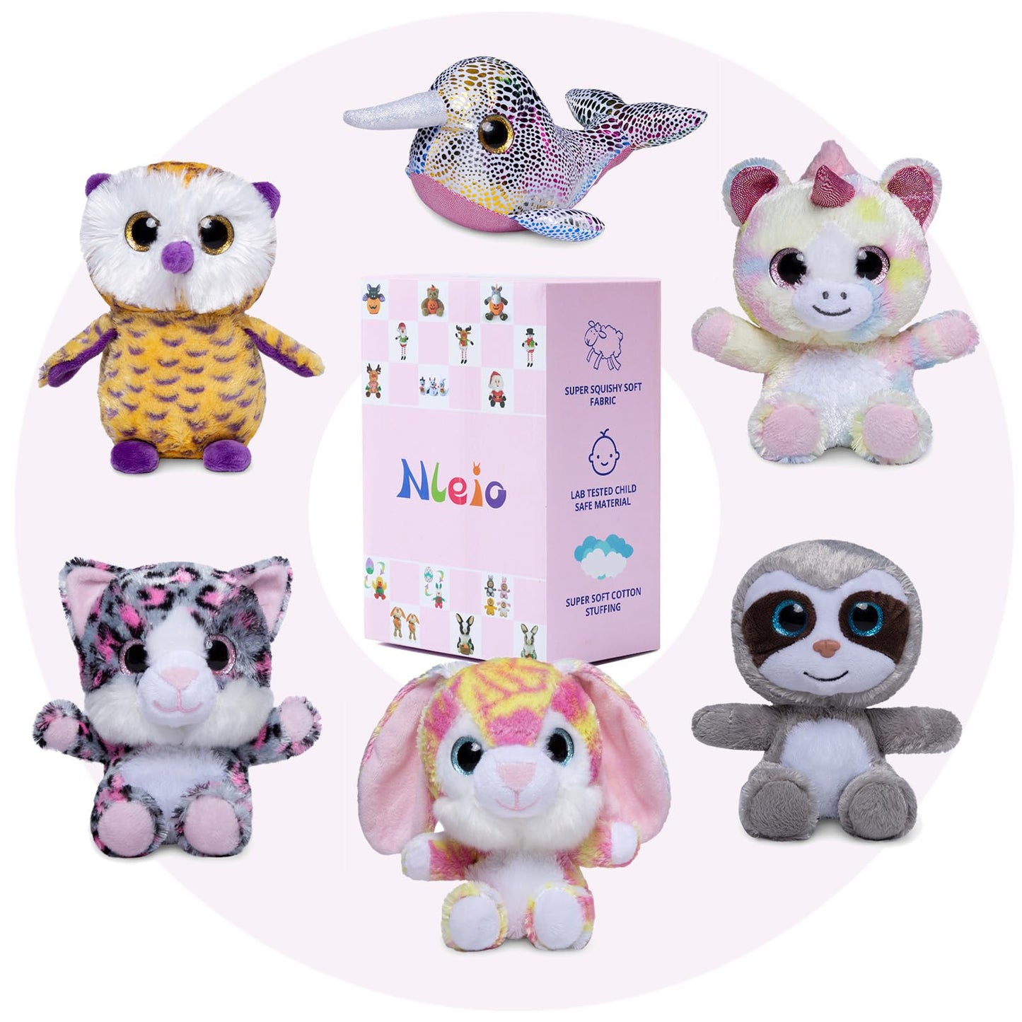 Nleio 7Inch Cute Stuffed Animals Plush Toys Set, 6 Pcs Small Stuffed Animal Bulk Unicorn/Narwhal/Bunny/Owl/Sloth/Cat Plush Anima