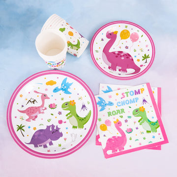 Wernnsai Dinosaur Party Tableware Set - Dino Party Supplies For Girls Disposable Paper Luncheon Dinner Dessert Cake Plates Napkins Cups Baby Shower Birthday Party Dinnerware Kit Serves 16 Guests