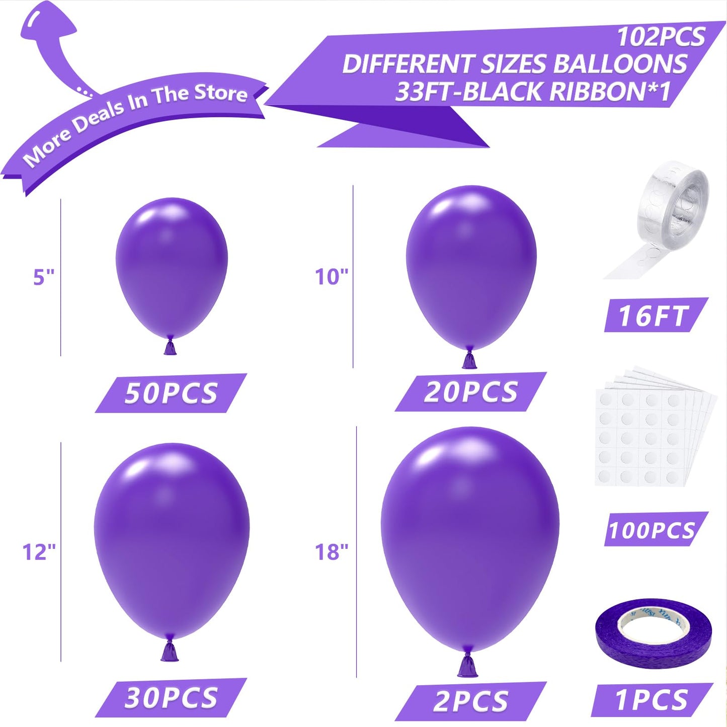 Nisocy Purple Balloon Garland Kit, 102Pcs 18In 12In 10In 5In Dark Purple Balloons With Different Sizes For Baby Shower, Birthday
