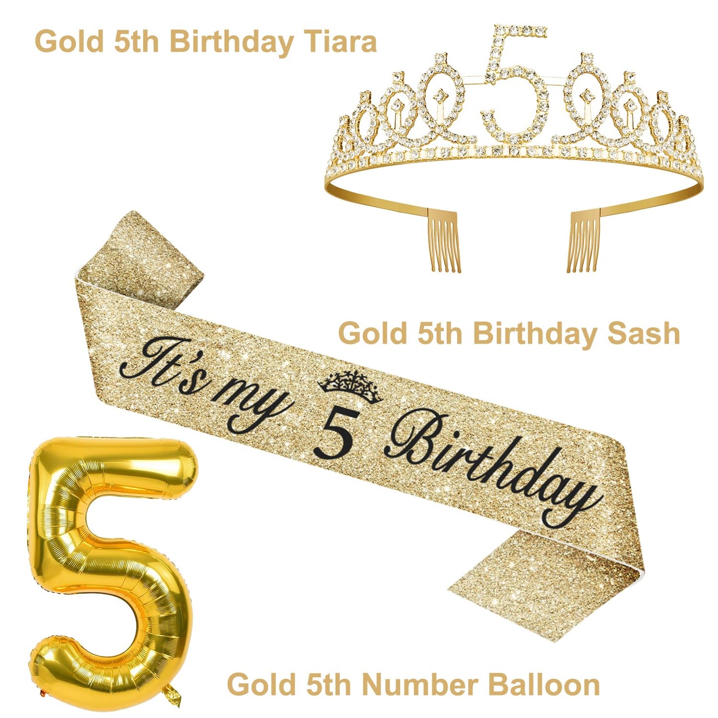 5th Birthday Decorations for Girls, Including 5th Birthday Sash and Tiara, 5 Candles and Cake Toppers, Number 5 Balloon Gold, 5t