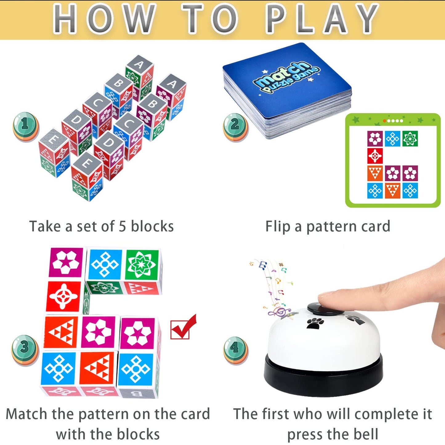 Varbertos Wooden Matching Game Puzzle 2.0 Games, Pattern Block Match Puzzles Building Cubes With Bell For Kids And Adults Toys Board Games For Family Night