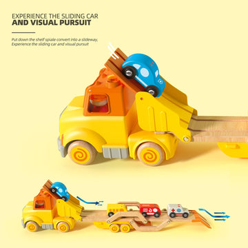 Toddler Car Toys for 2 3 4 5 Years Old Kids, Transport Carrier Truck Toy with 4 Wooden Vehicle, 24IN Foldable Track Trailer with