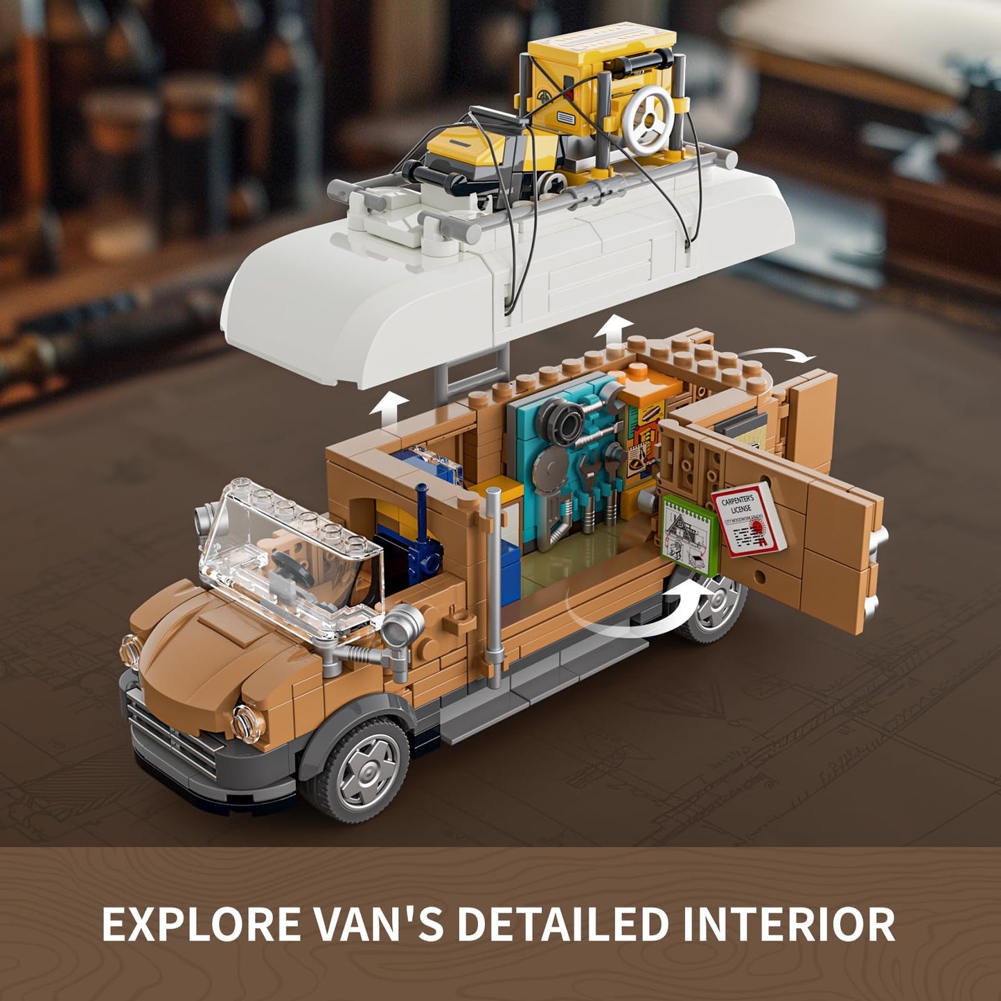 Funwhole Carpentry Van Lighting Building-Bricks Set - Farm Woodworker Car Collectible Display Set 496 Pcs For Adults And Teen