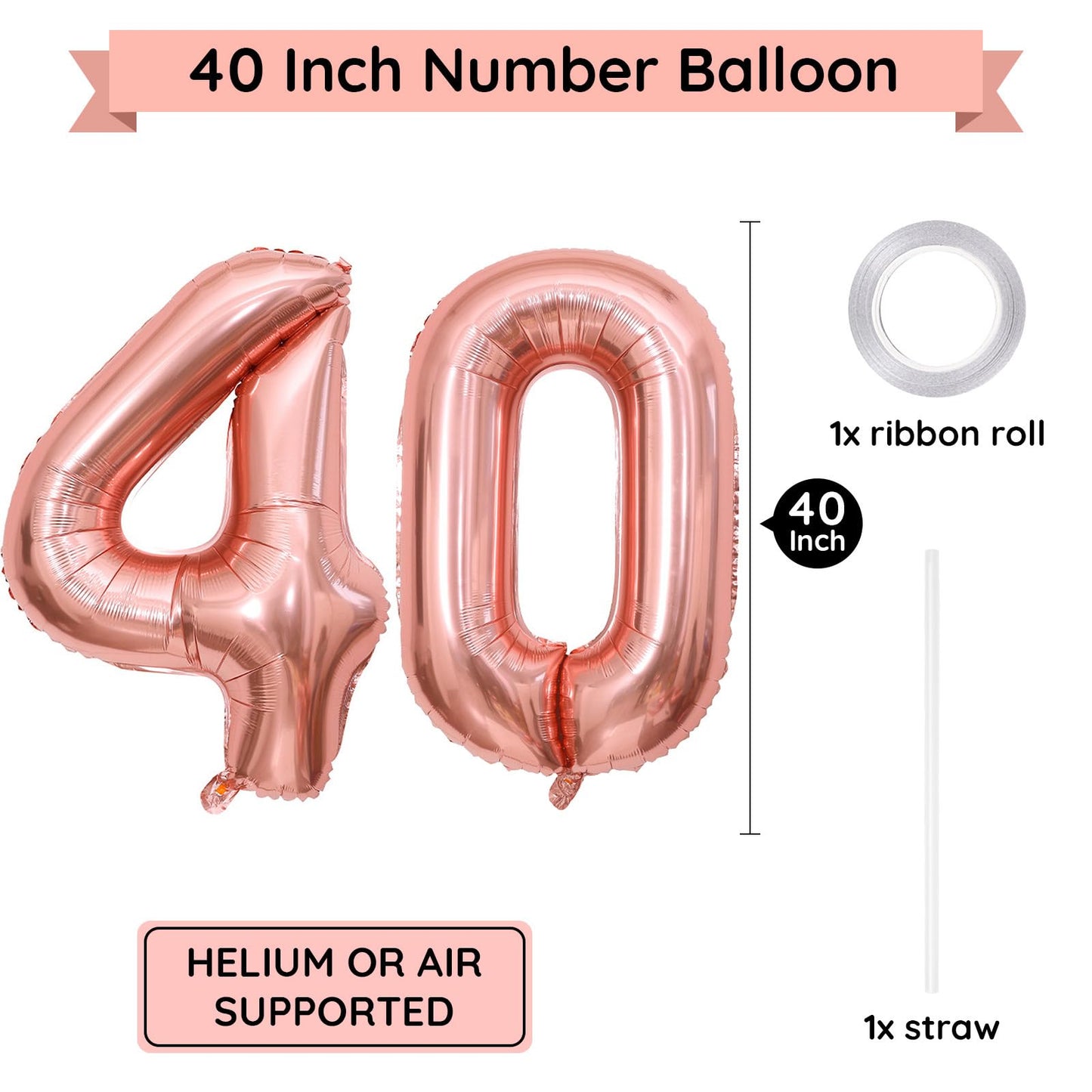 Paticool 40 Number Balloon Rose Gold 40 Inch, Large 40 Number Foil Mylar Balloons For 40Th Birthday Party Celebration Decoration