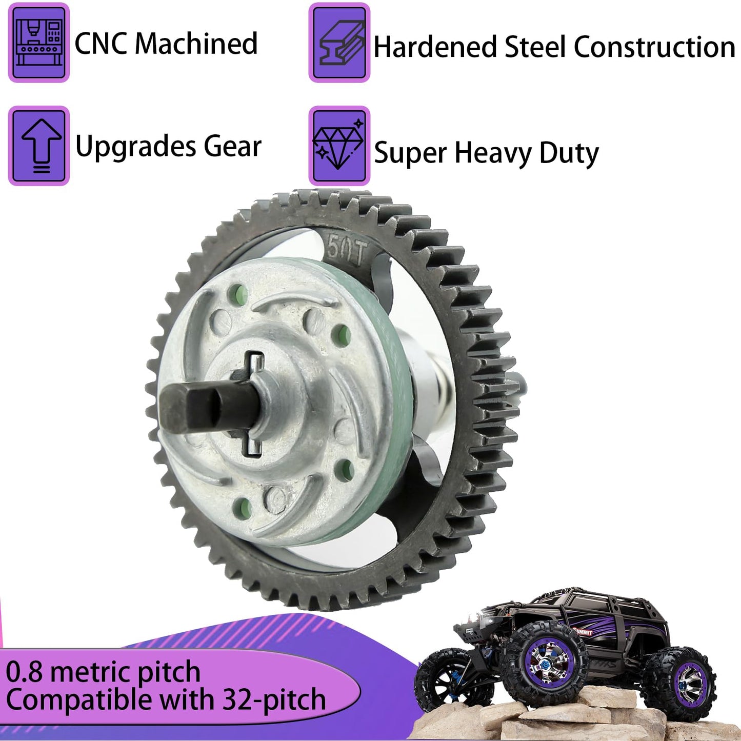 32P Spur Gear, 50T 0.8 Metric Pitch, Compatible with 32-Pitch, Hardened Steel 50 Tooth 0.8M Spur Main Gear for 1/10 TRAXXAS Ford