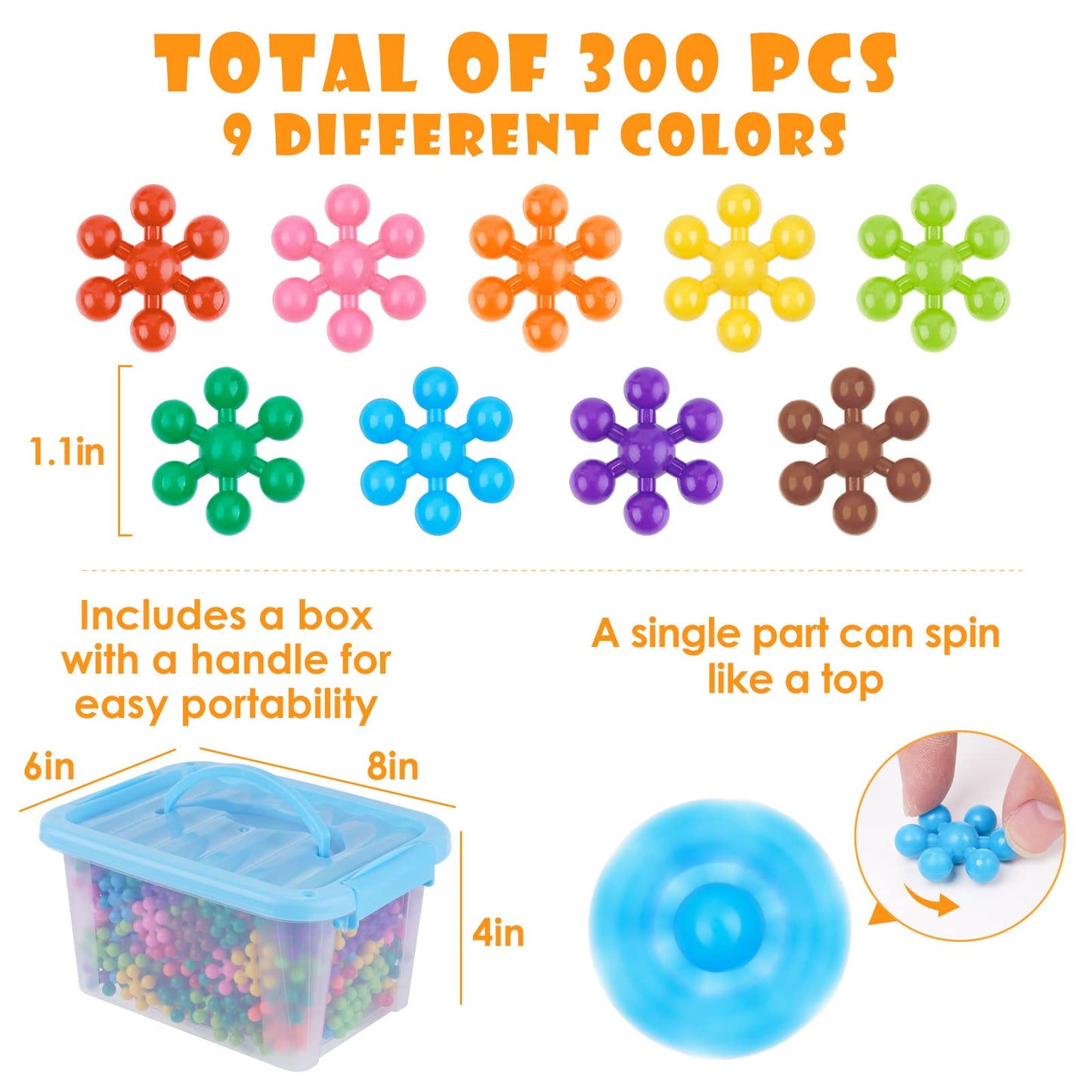 NiToy Snowflake Interlocking Building Blocks 300PCS Educational Toy, Multi-Color Plastic for Kids 3+, Model NiToy-0062 with Carrying Case