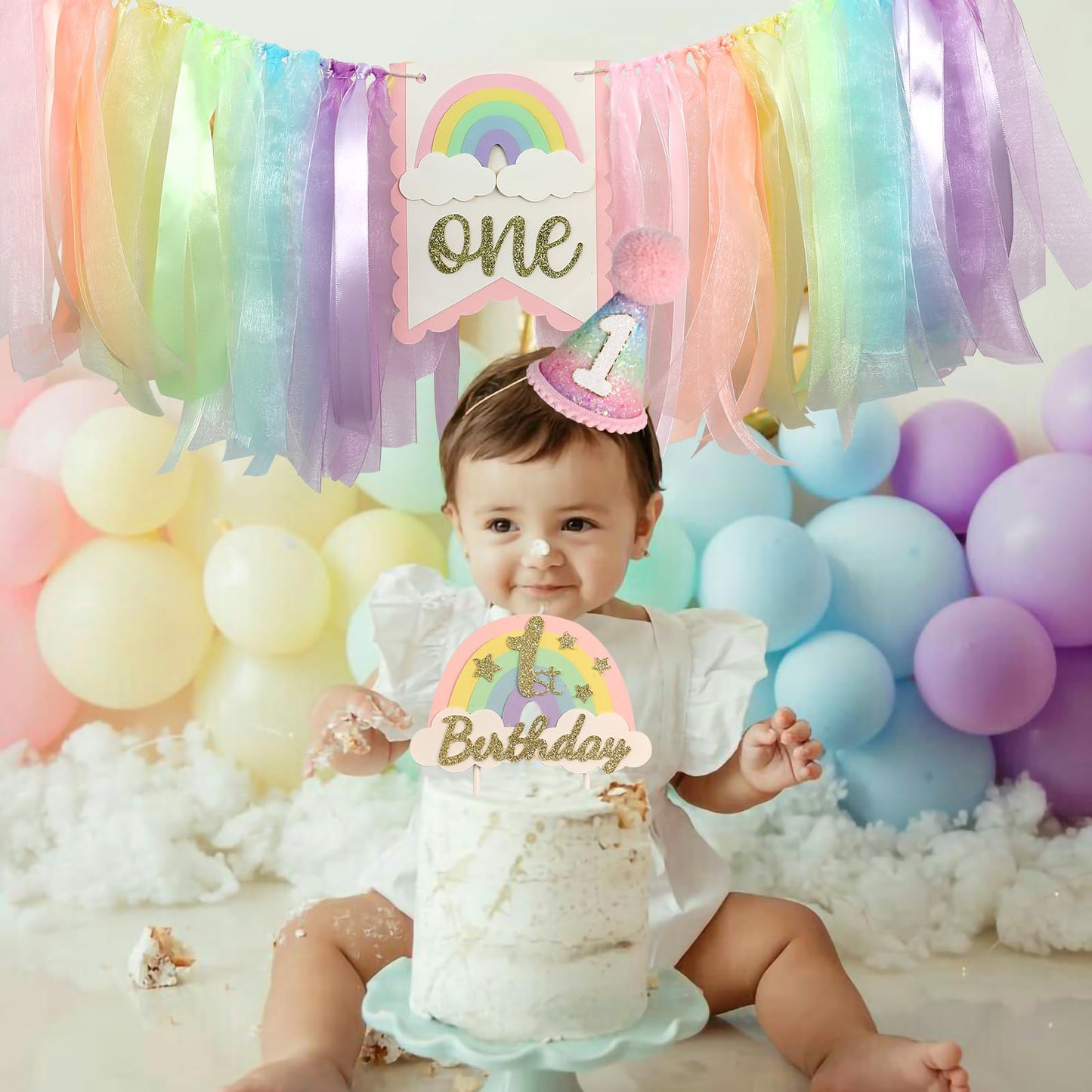 Macaron First Birthday Party Decorations Pastel Rainbow High Chair Banner Crown Cake Topper For Girl 1St Birthday Decor