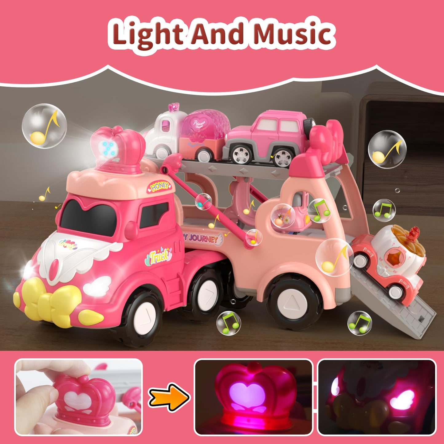usrela Toddler Girl Truck Toys - 7-in-1 Pink Princess Car Transport Carrier, Friction Power, 13.07"x4.37"x6.46", Ideal for 2-