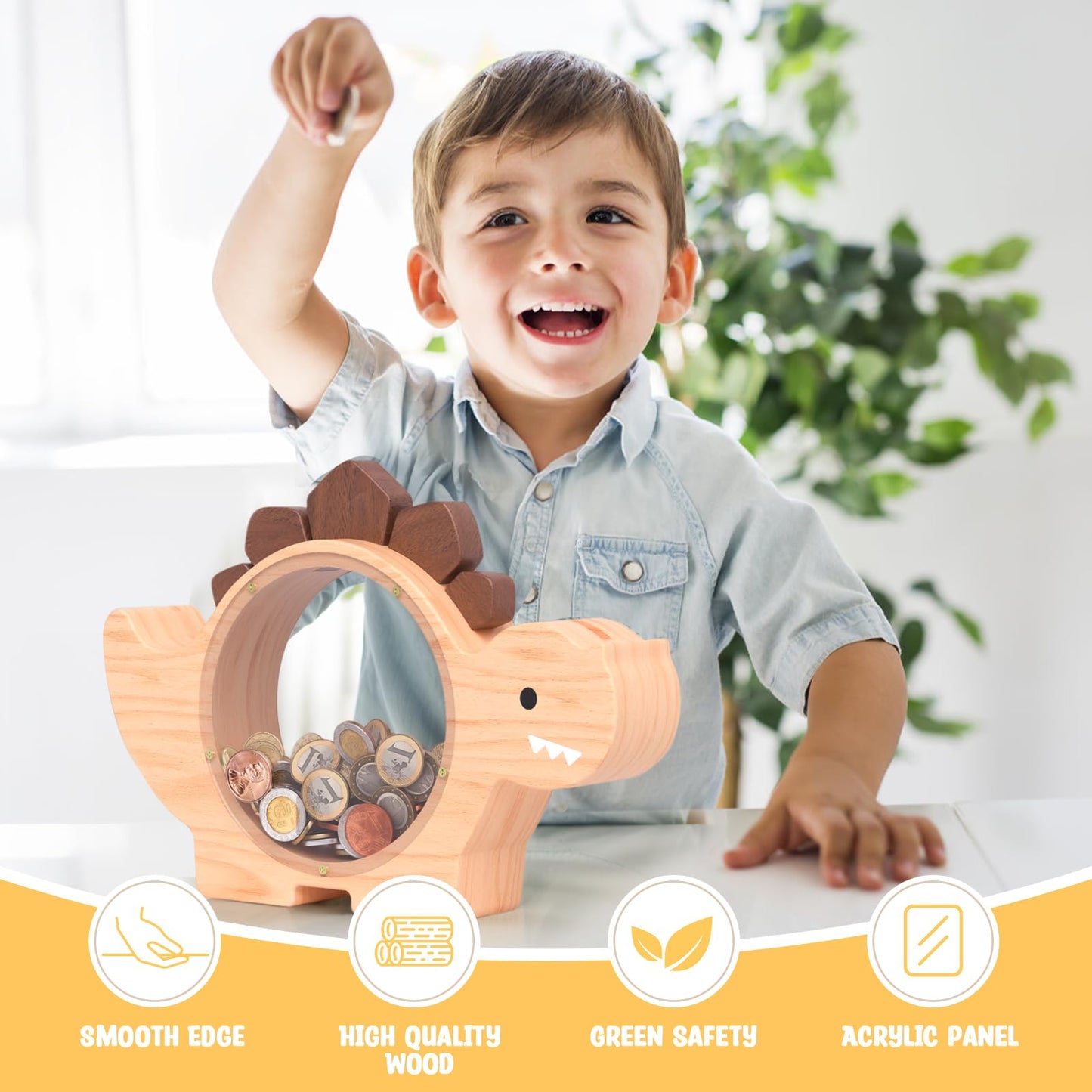 Summidate Wooden Dinosaur Piggy Bank For Kids Boys, Cute Dino Money Bank For Kids Toddlers, Unbreakable Wood Coin Bank, Creative Saving Money Jar Personalized Present For Child Birthday & Decor