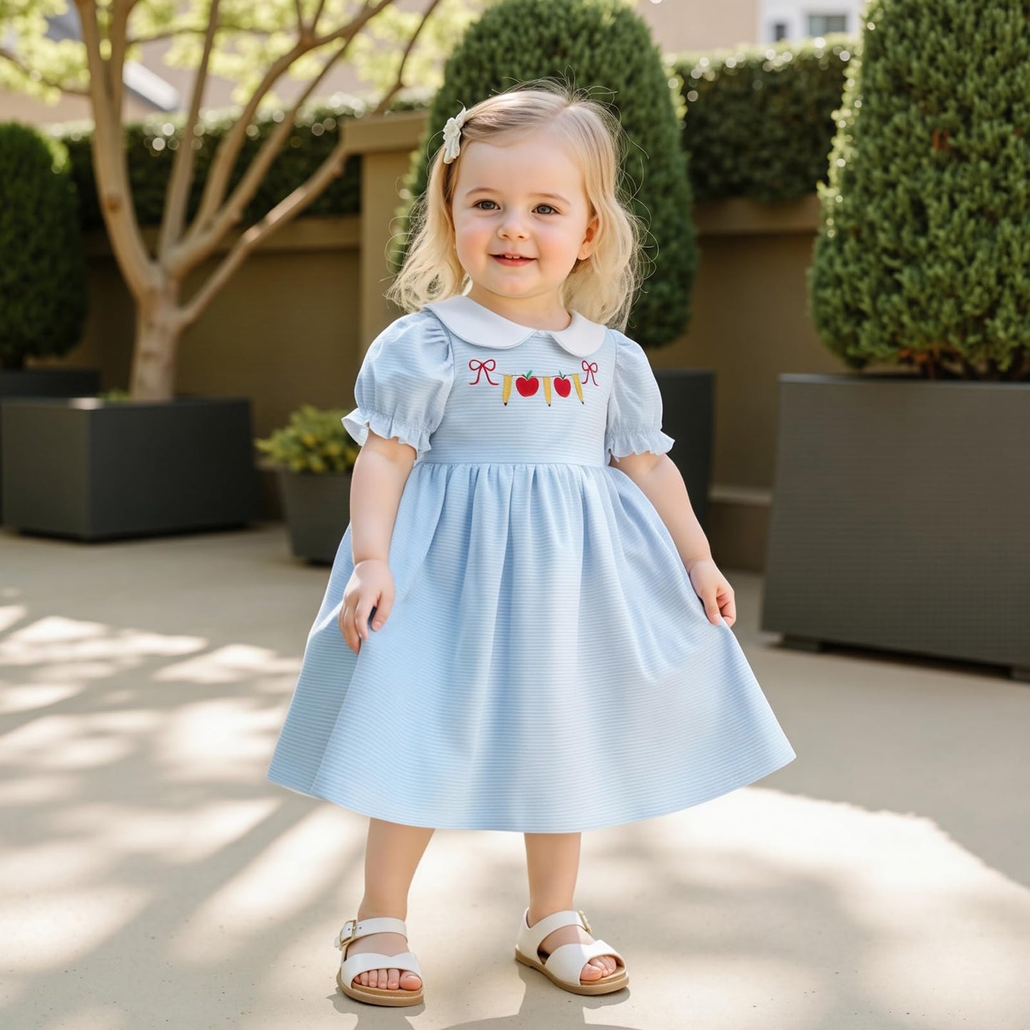 Toddler Girl Back To School Clothes Embroidery Smocked Dress Doll Collar Sundress First Day Of Pre Kindergarten Outfit (Apple Pe