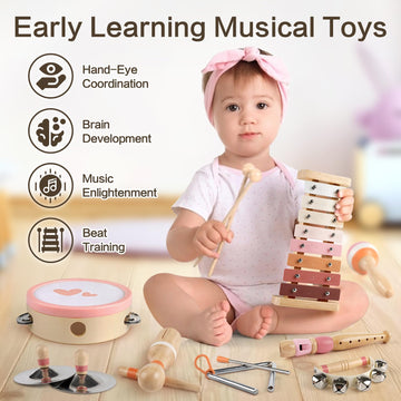 Musical Toys For 1 Year Old Girls Gifts - 8 In 1 Musical Instruments For Toddlers 1-3 - One First Christmas Birthday Gifts For Toddlers Ages 0-2 - Wooden Montessori Toy For Babies 6-12-18 Months