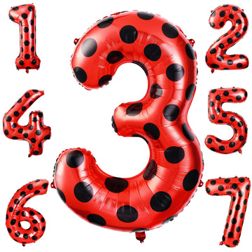 Lunmon Ladybug 40Inch Number 3 Balloon, Polyester, Black Red Polka Dots, Birthday, Baby Shower Decorations, Children, Unisex