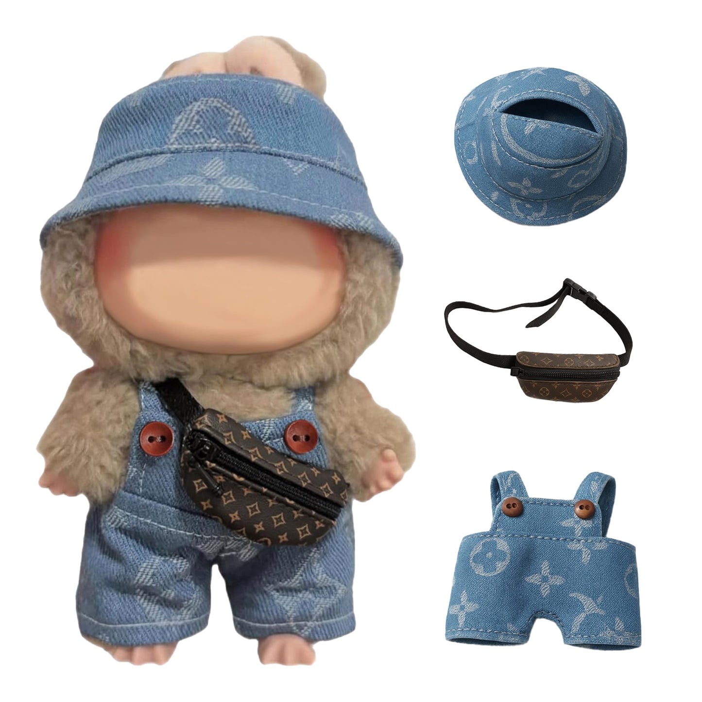 Clothes For Labubu (No Doll) - Exquisite Luxury Designer Accessories Clothes For Labubu - 3 Piece Set(Hat+Jumpsuit+Bag) Suitable