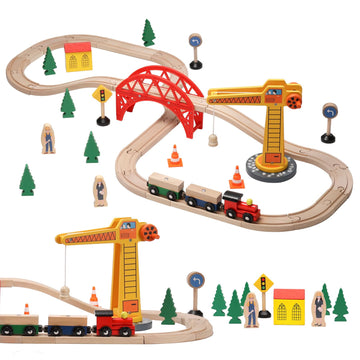 Sainsmart Jr. Wooden Train Set For Toddler, 41Pcs Wood Train Track W/Crane Fits Brio, Thomas, Melissa And Doug, Kids Wood Toy Train For Kids Ages 3+