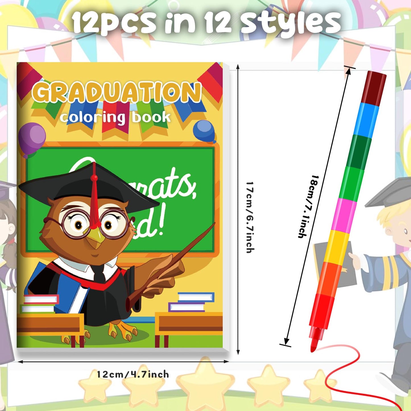 BenLouis 12 Kindergarten Graduation Mini Coloring Books Kids with 12 Stacking Crayons Preschool Classroom Party Favors Small Act