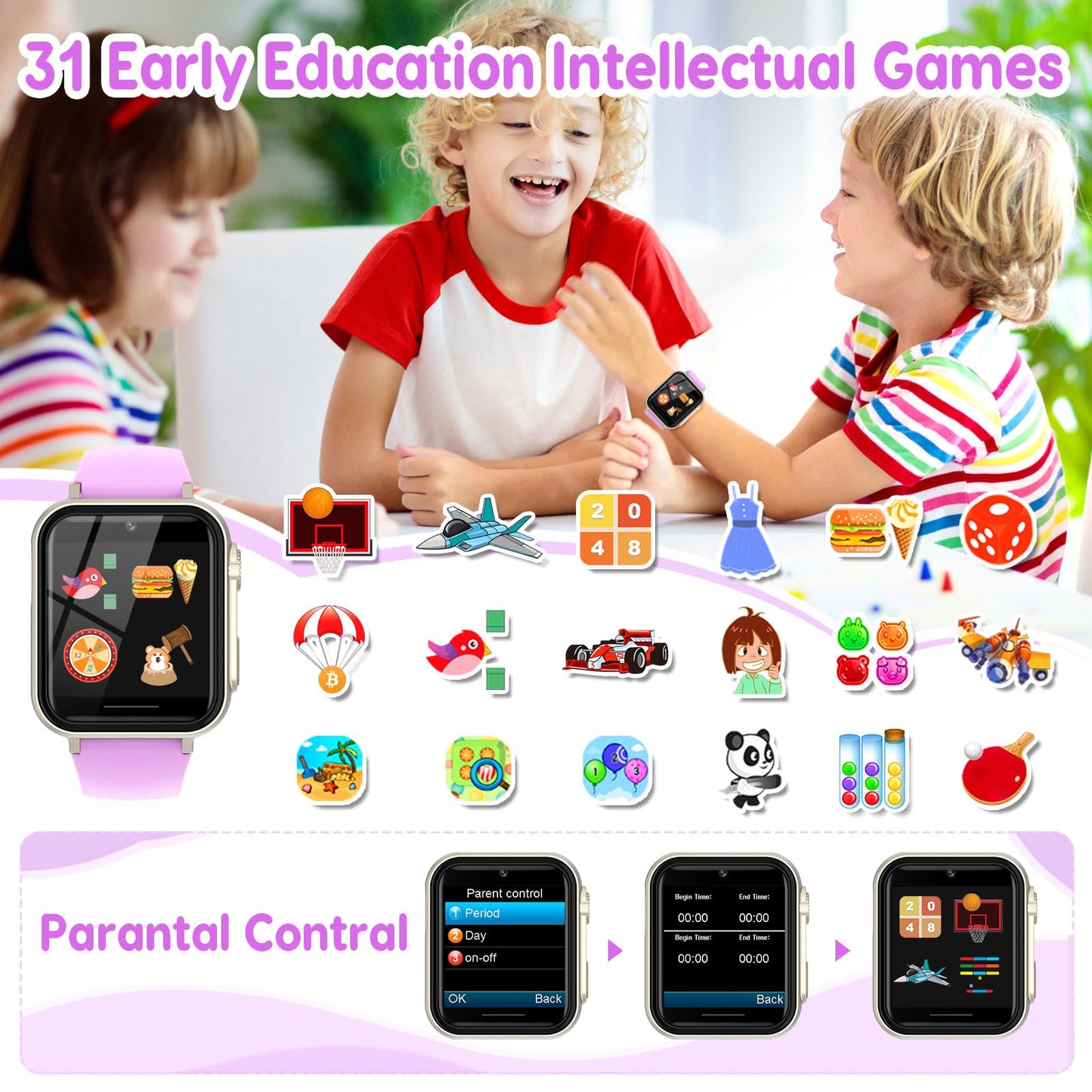 cjc Smart Watch for Kids - HD Touch Screen, Camera, 30+ Games, Pedometer, Purple, Model A10, Ages 4-12, Fun Educational Gift