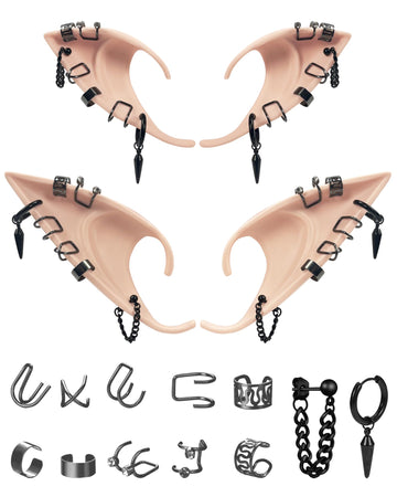 Hikkcos Elf Ears With Piercings Earring Cuffs Set Cosplay Fairy Pixie Ears With Punk Black Earring Set For Halloween Renaissance