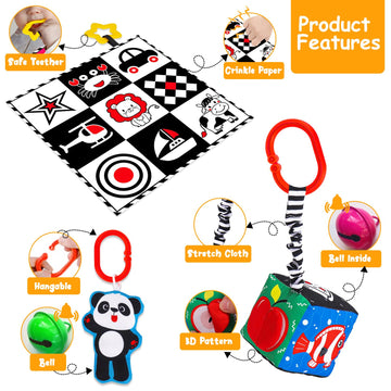 4 Pcs Black And White High Contrast Baby Toys 0-3-6 Months Newborn Essential Montessori Toys For Babies Crinkle Sensory Book For Brain Development Tummy Time Mirror Infant Carseat Rattle 9 Month Gift