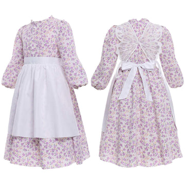 Vibsion Girls Pioneer Prairie Costume Pilgrim Dress Kids Ruffle Neck Floral Colonial Girl Costumes Bonnet Apron 3Pcs Xxl Age Ove