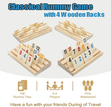 Dollergo Rummy Game With 4 Wooden Racks/Trays, Rummy Cube Game With Portable Case 106 Rummy Tiles Travel Game Set With 4 Tiles H
