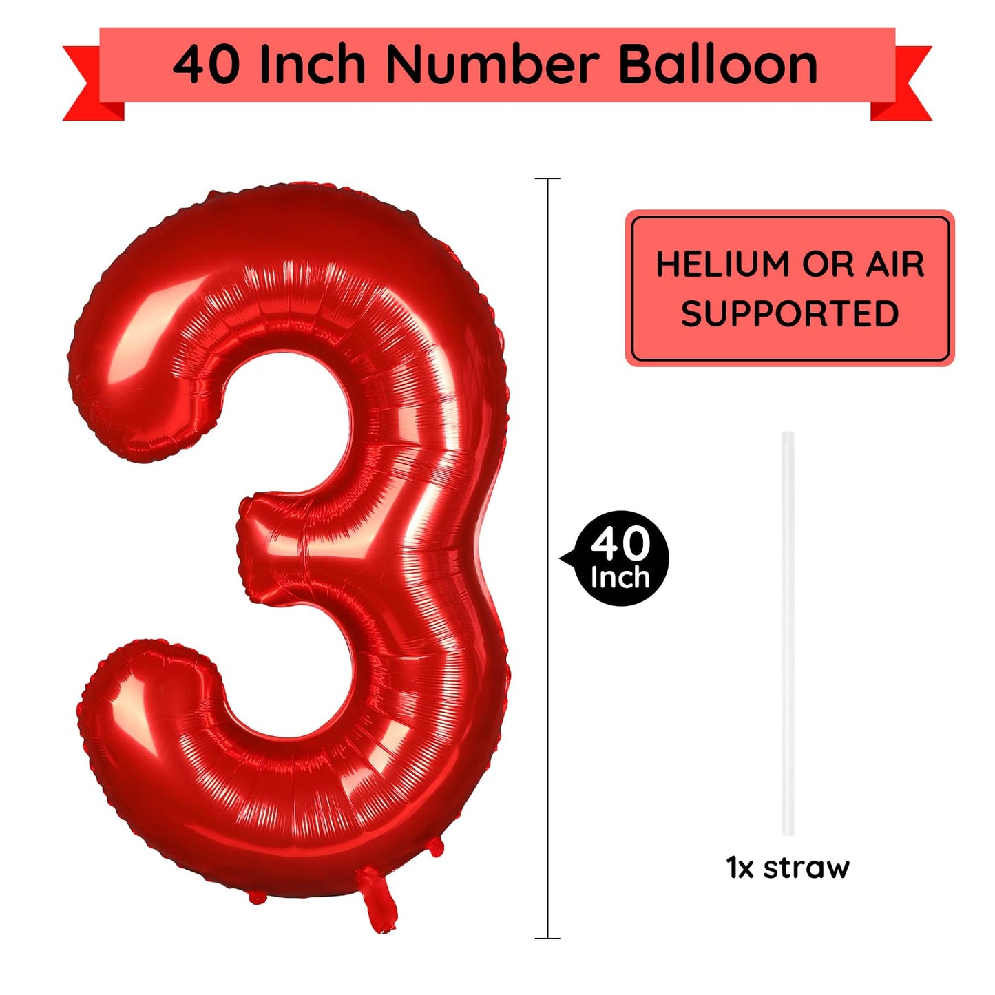 Paticool 40 Inch Red Number Balloon 3, Large Number Foil Balloons Mylar For Girl Boy Birthday Party Celebration Decorations Supp