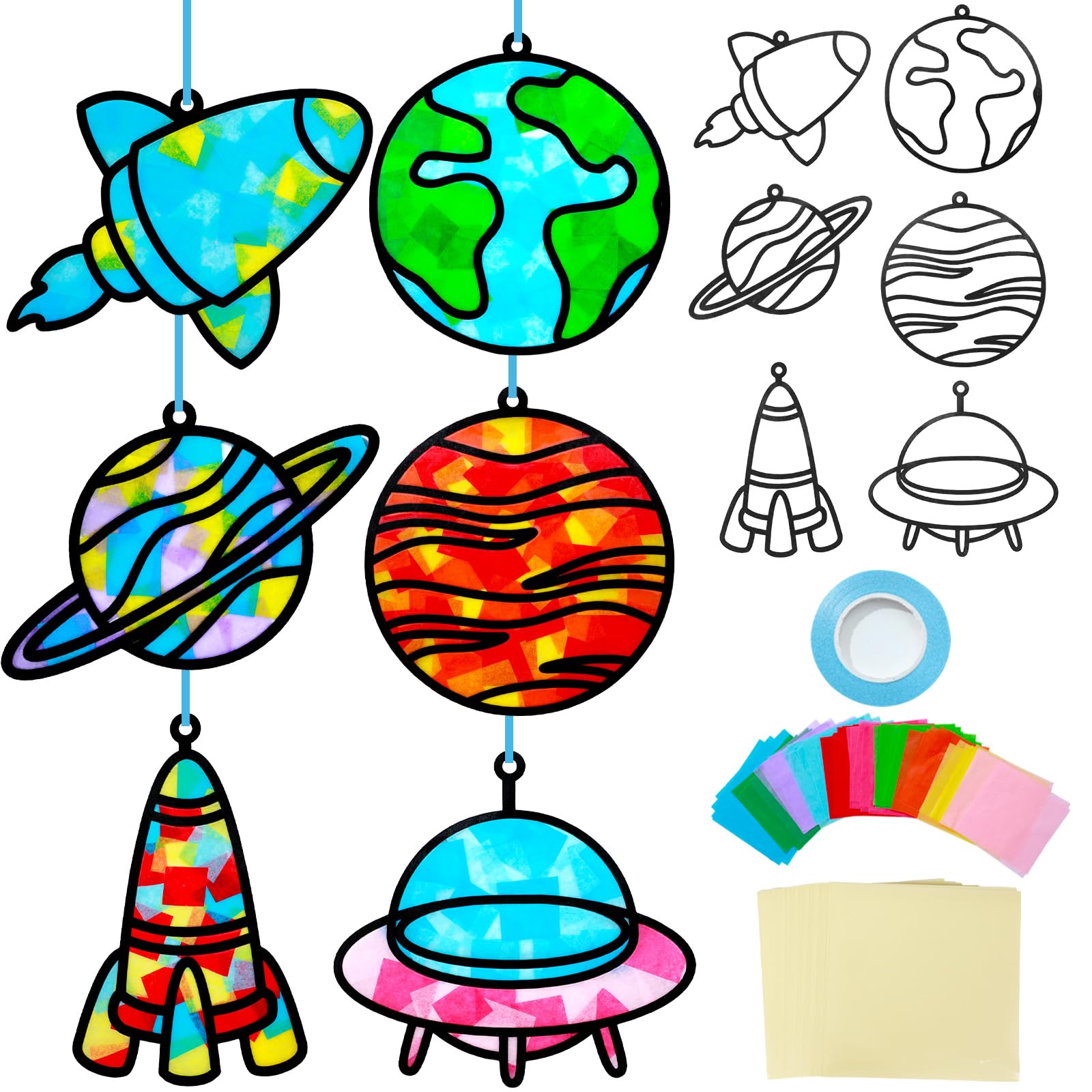 Qyeahkj 36 Set Outer Space Suncatchers Crafts for Kids DIY Solar System Window Tissue Paper Craft Kit Space Hanging Decor for Pl