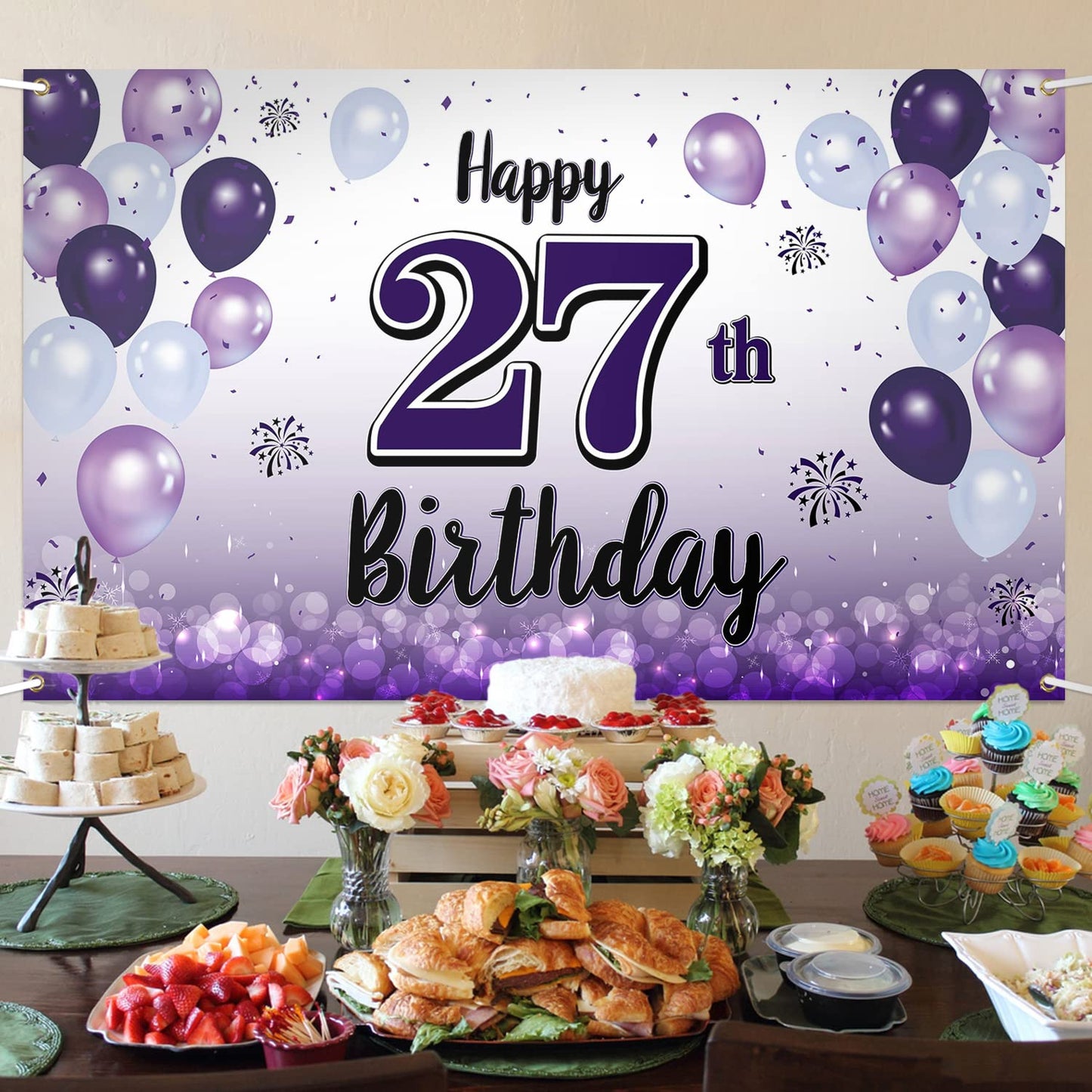 LASKYER Happy 27th Birthday Decorations,27th Purple Balloon Large Birthday Banner Backdrop Sign,27 Years Old Bday Party Supplies