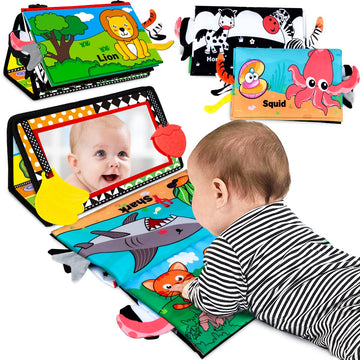 Aboosam Baby Toys 0-6 Months - Tummy Time Mirror Toys With Cloth Books & Teethers - Montessori Infant Toys For Babies 0 3 6 9 Months - High Contrast Newborn Sensory Toy For Boys Girls Baby Gift