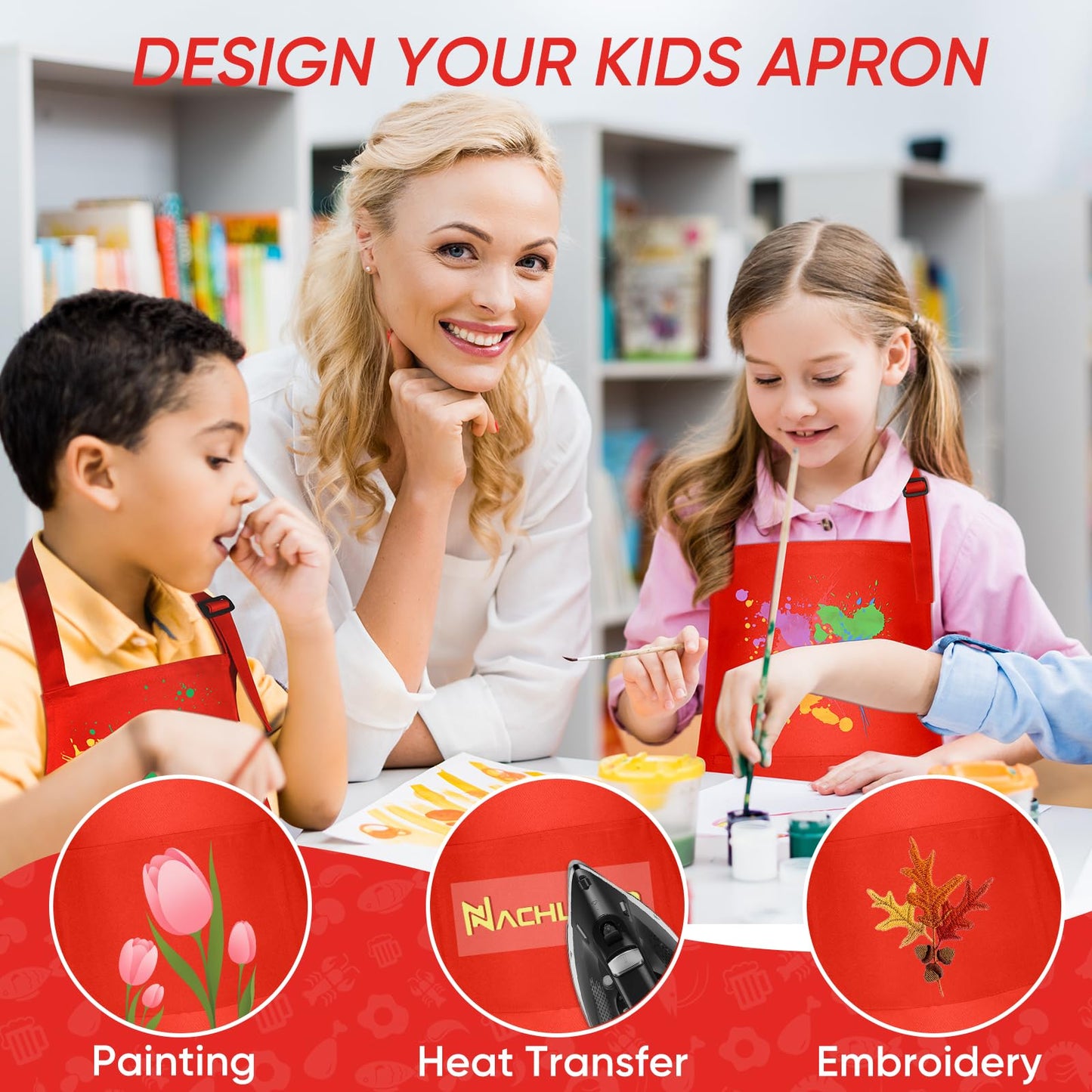 NACHLYNN 4 Pieces Kids Aprons Adjustable Toddler Apron with 2 Pockets for Kids Painting Cooking Baking Crafts Activity (Multicol