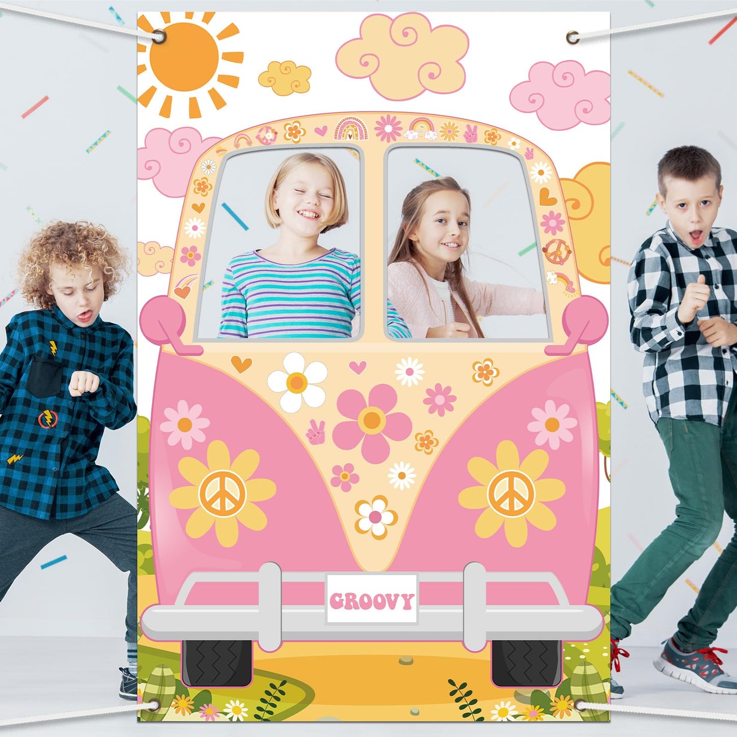 Hippie Bus Photo Prop Groovy Party Decorations Large Fabric Groovy Van Prop Hippie Selfie Frame Backdrop Background Banner Birthday Party Supplies Retro Daisy 60S 70S Party Favors 59 X 39.4 Inch