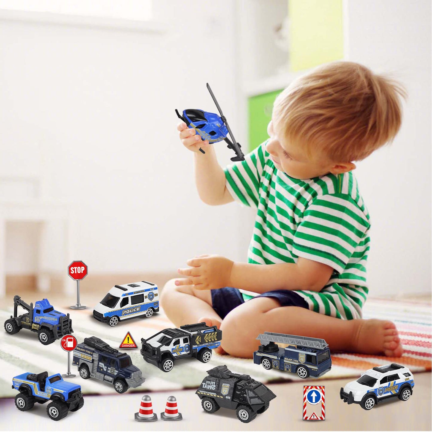 Oriate Die-cast Police Rescue City S.W.A.T. Car Toys Set w/Heavy Duty Trailer & Police Patrol Cartoon Stickers, 12 Packs Mini Po