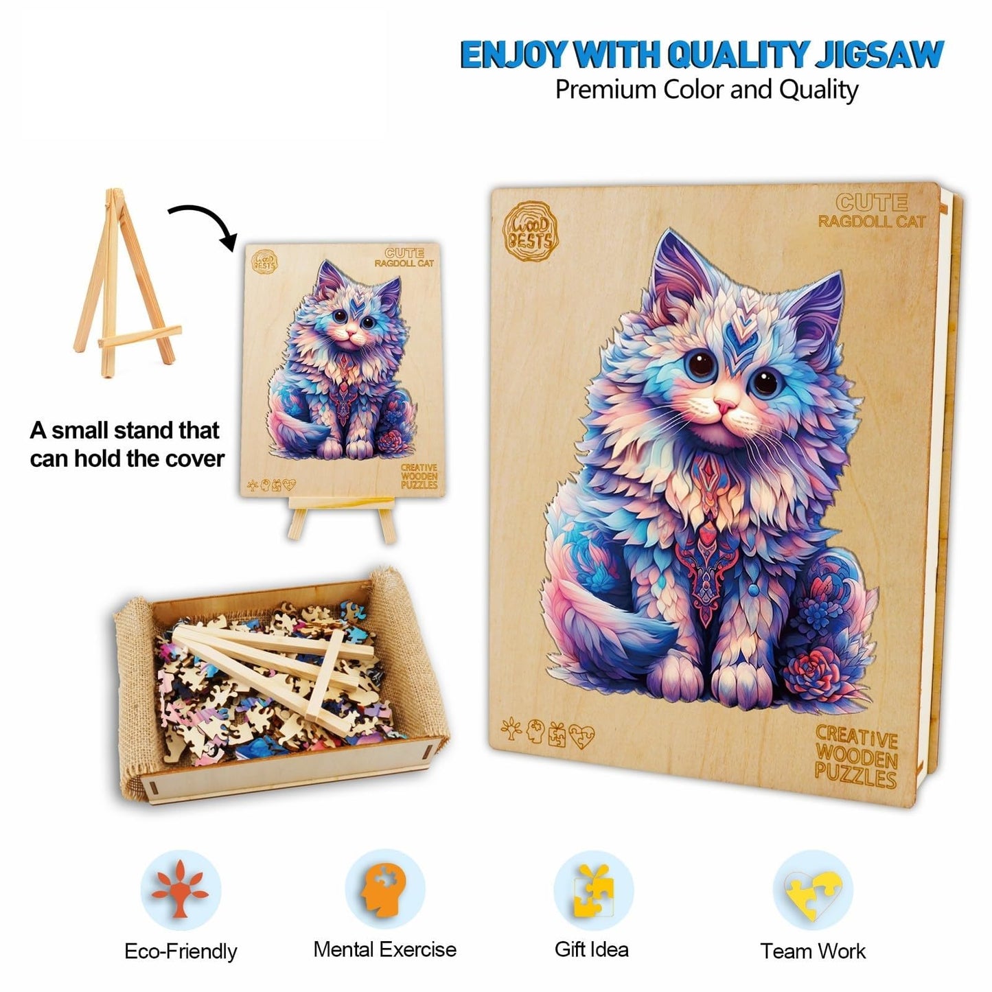 Aeekdook Wooden Puzzles for mature-themeds - Ragdoll Cat Puzzle Wood Puzzles mature-themed - Wooden Jigsaw Puzzles Unique Animal Shape Relax Puzzles (M - 8.6 * 11.4in-200pcs)