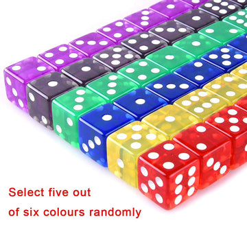AUSTOR 50 Pieces Game Dice Set 5 Translucent Colors Square Corner Dice for Tenzi, Farkle, Yahtzee, Bunco or Teaching Math with V