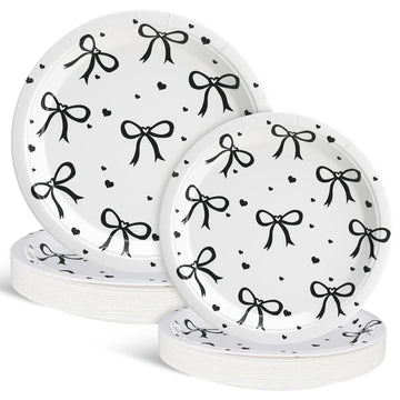 Sieral 60 Pcs Coquette Bow Party Plates 9 7 Black and Pink Bow Paper Plates Birthday Decorations Bridal Shower Bachelorette 