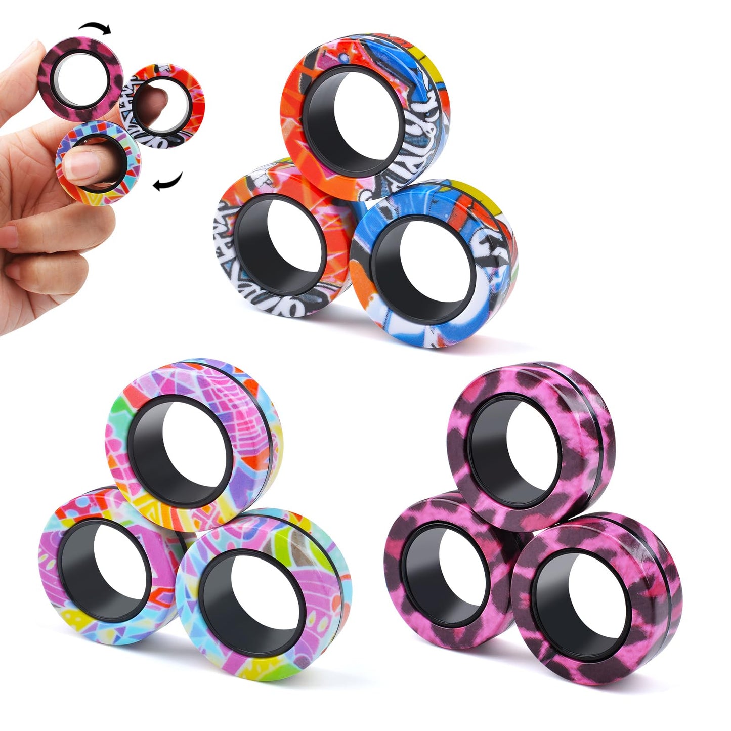 Cevioce 9Pcs Magnetic Rings Fidget Toy Set, Adhd Anxiety Magnetic Fidget Toys Adults Fidget Spinner Rings For Relief, Gifts For 8+ Year Old Teen Boy Girl C