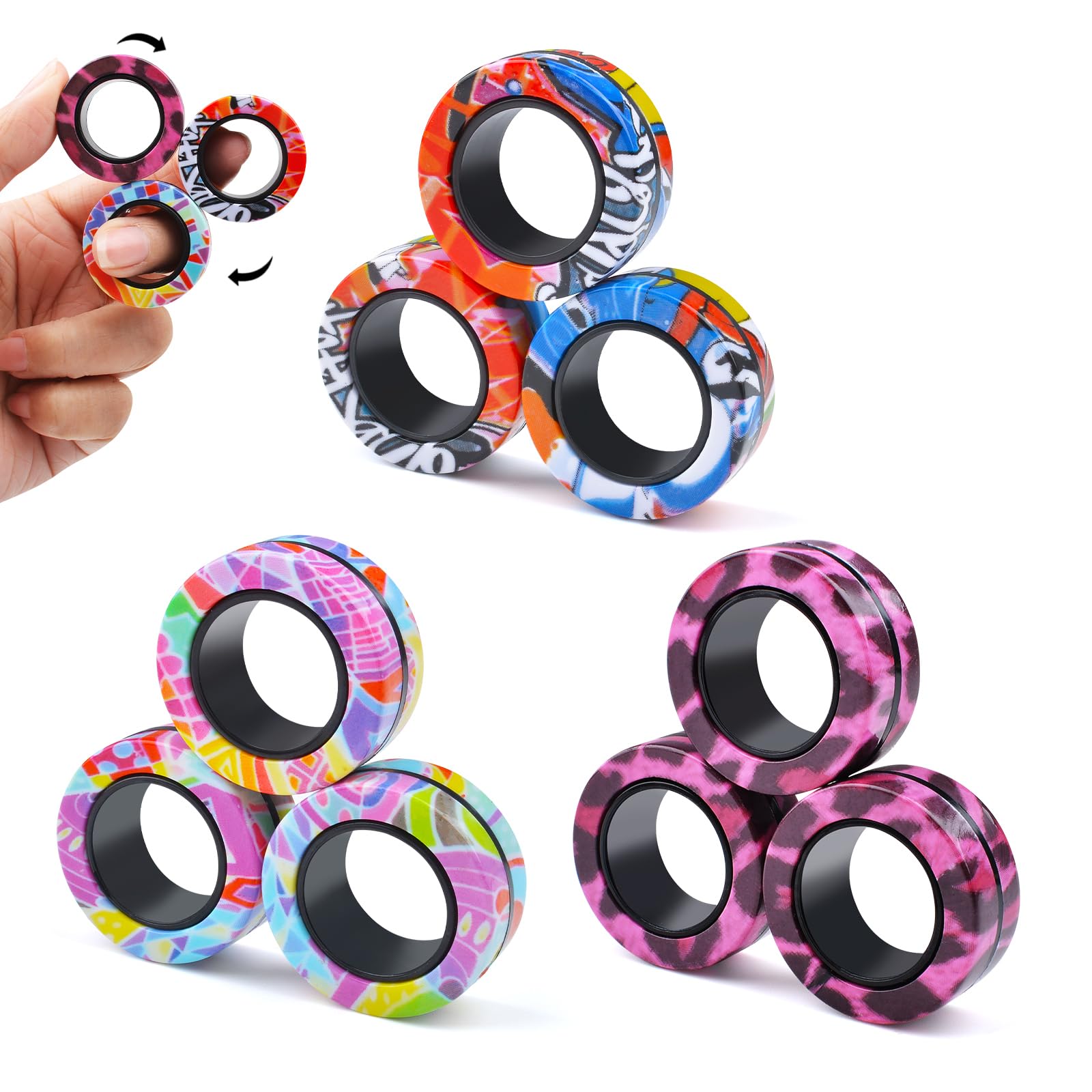 Cevioce 9Pcs Magnetic Rings Fidget Toy Set, Adhd Anxiety Magnetic Fidget Toys Adults Fidget Spinner Rings For Relief, Gifts For 8+ Year Old Teen Boy Girl C