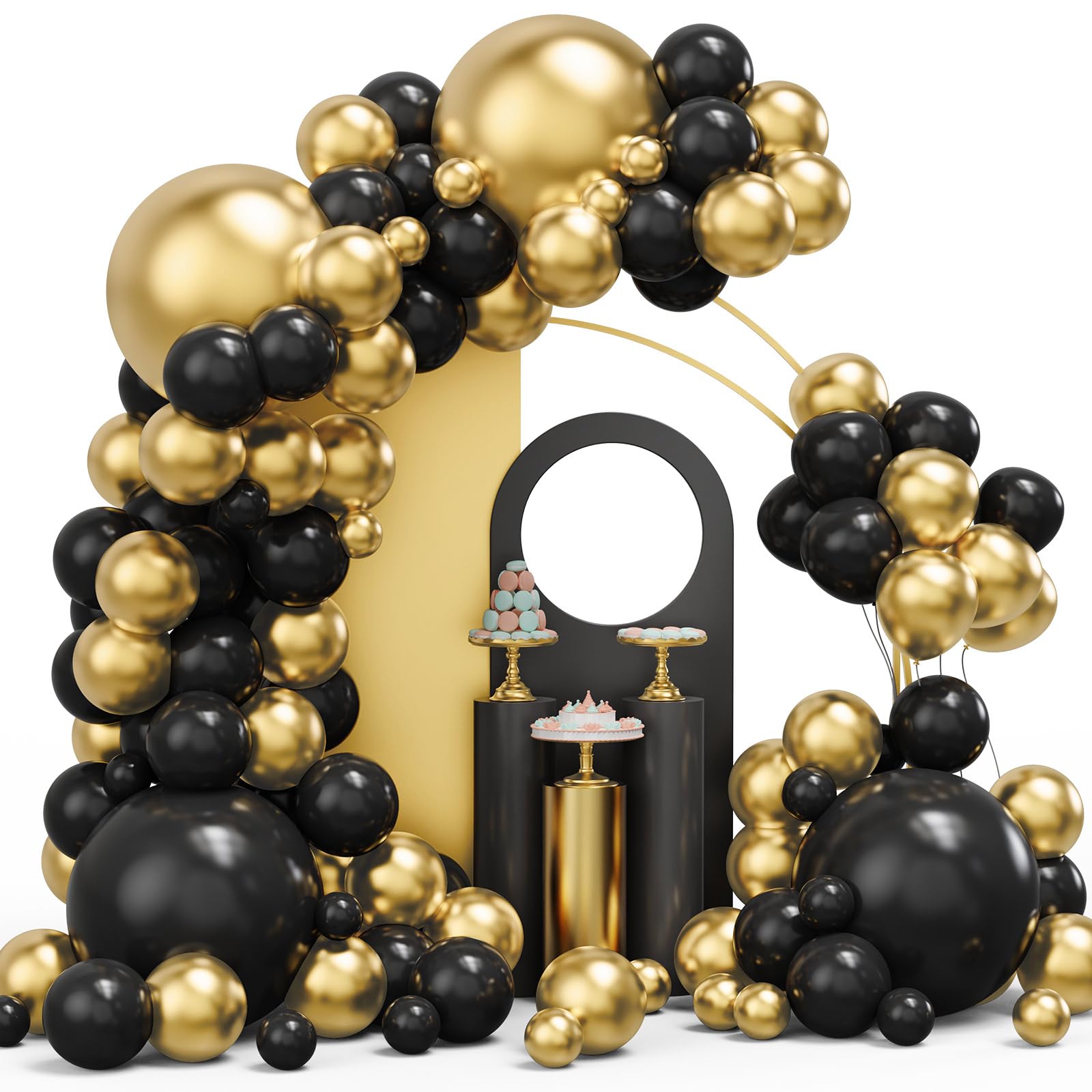 Black Gold Balloons Garland Arch Kit, 134Pcs Metallic Gold And Black Balloons With Different Size For Graduation, Birthday, Anni