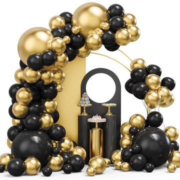 Black Gold Balloons Garland Arch Kit, 134Pcs Metallic Gold And Black Balloons With Different Size For Graduation, Birthday, Anni