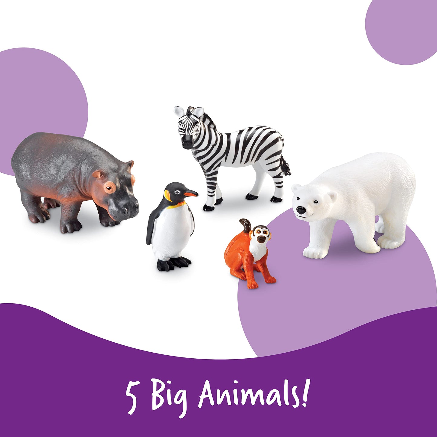 Learning Resources Jumbo Zoo Animals Set, 5 Plastic Figures, Multi-color, 7-3/4 L x 4 W in, Ages 2+, Model LER0788