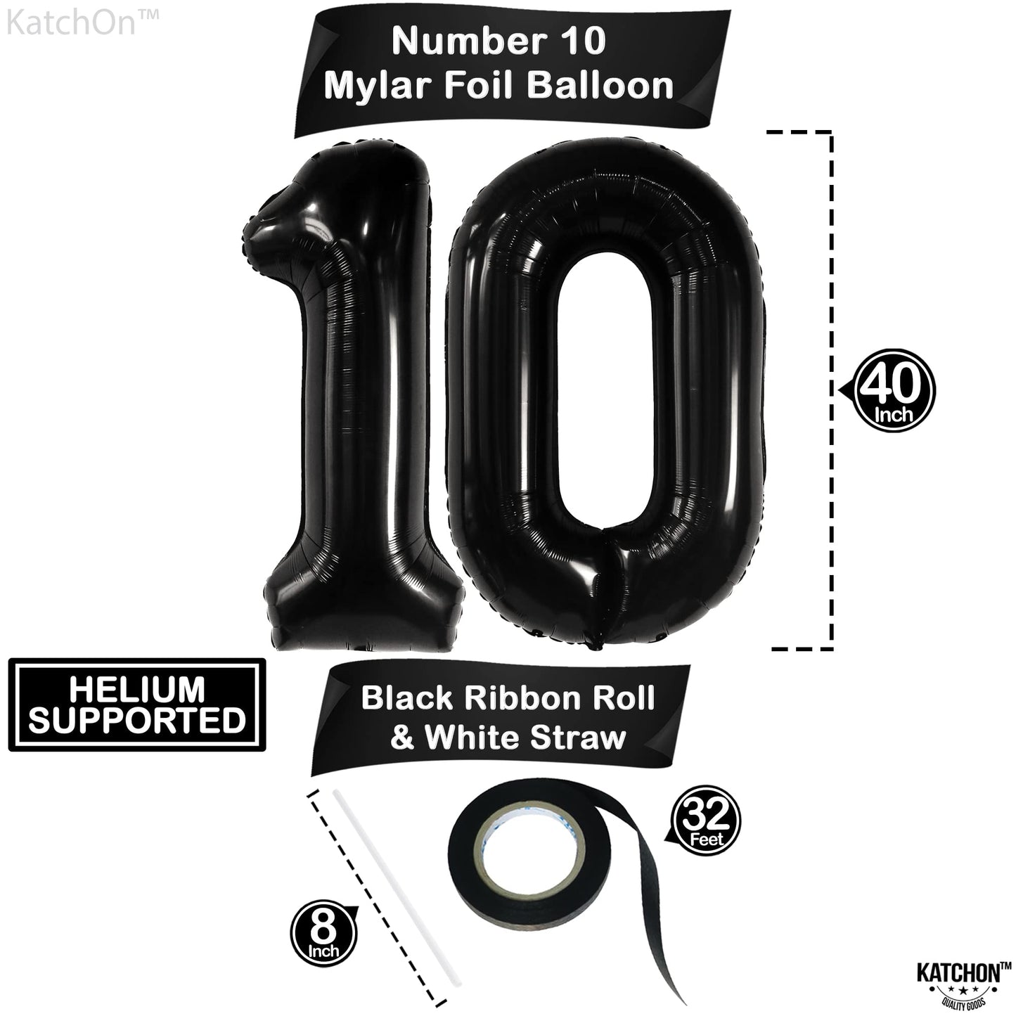 Katchon, Giant Black 10 Balloon Number - 40 Inch | 10Th Birthday Decorations | Black 10Th Birthday Balloons For 10 Birthday Decorations Black | Black Number 10 Balloons