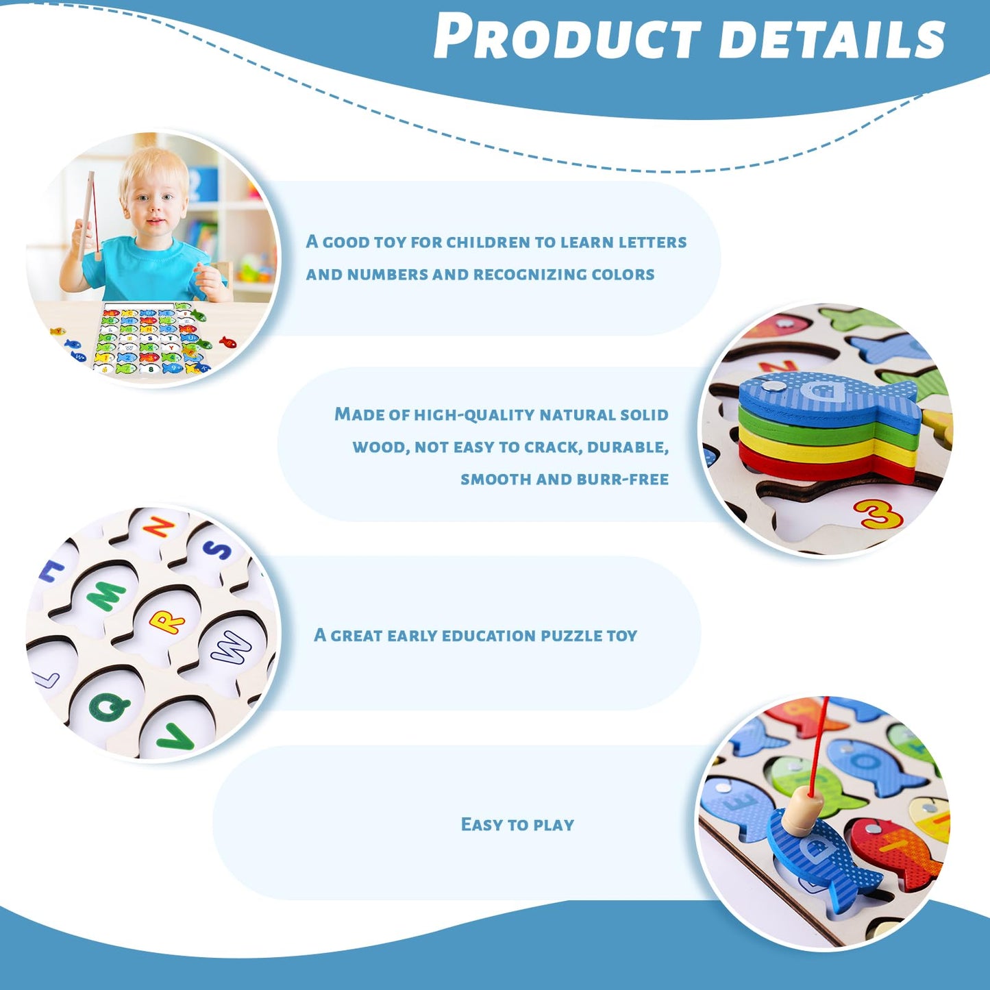 Amor Present Wooden Magnetic Fishing Toys For Toddlers, Alphabet Fish Catching Games Puzzle With Numbers And Letters, Montessori