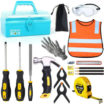 QeeHeng Kids Real Tool Set - 20Pcs Construction Tool with Blue Toolbox and Protective Clothing, Woodworking Tool Set for Beginne