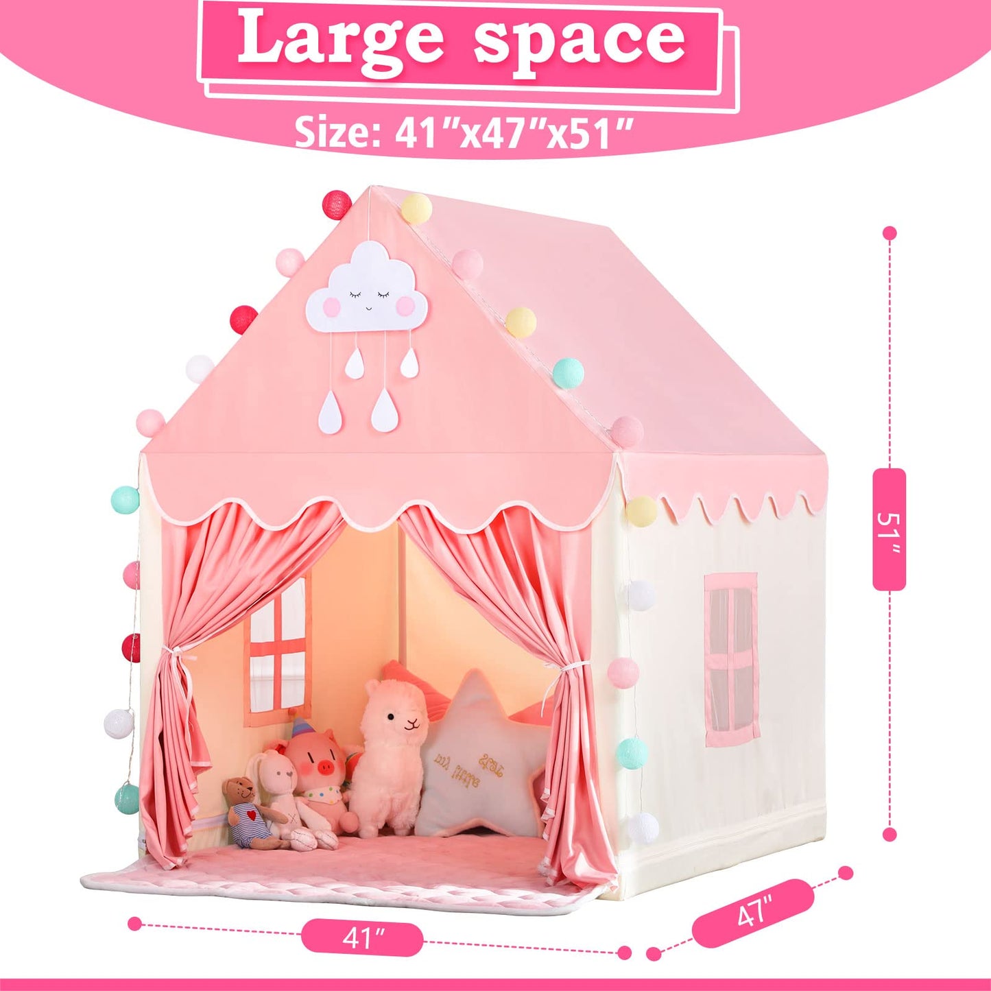 SISTICKER Kids Play Tent with Mat - Large Fairy Princess Castle, 47x41x51in, Pink Beige, Polyester, Model KP-CH-042