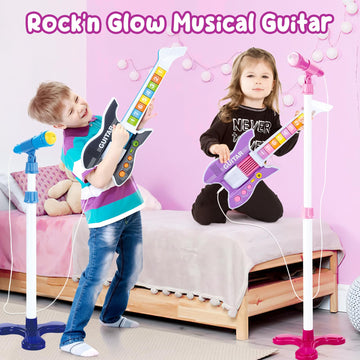Deao Kids Guitar And Microphone Set With Stand Adjustable Height Music Light Karaoke Music Toys Christmas Birthday Gift For Kids Boys Girls (Purple)