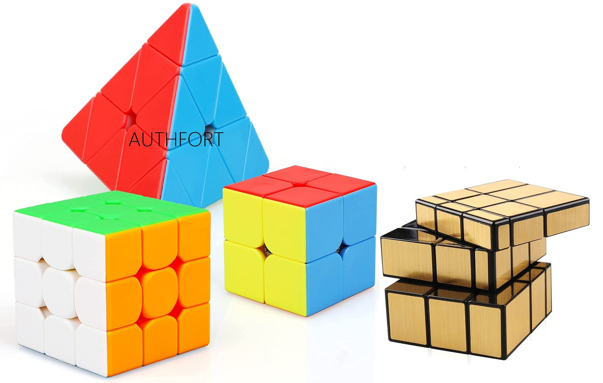 AUTHFORT Speed Cube Bundle Stickerless Magic Cubing Classroom Smooth Puzzles Set with Gift Packing (2 X 3 X Gold X Pyramid)