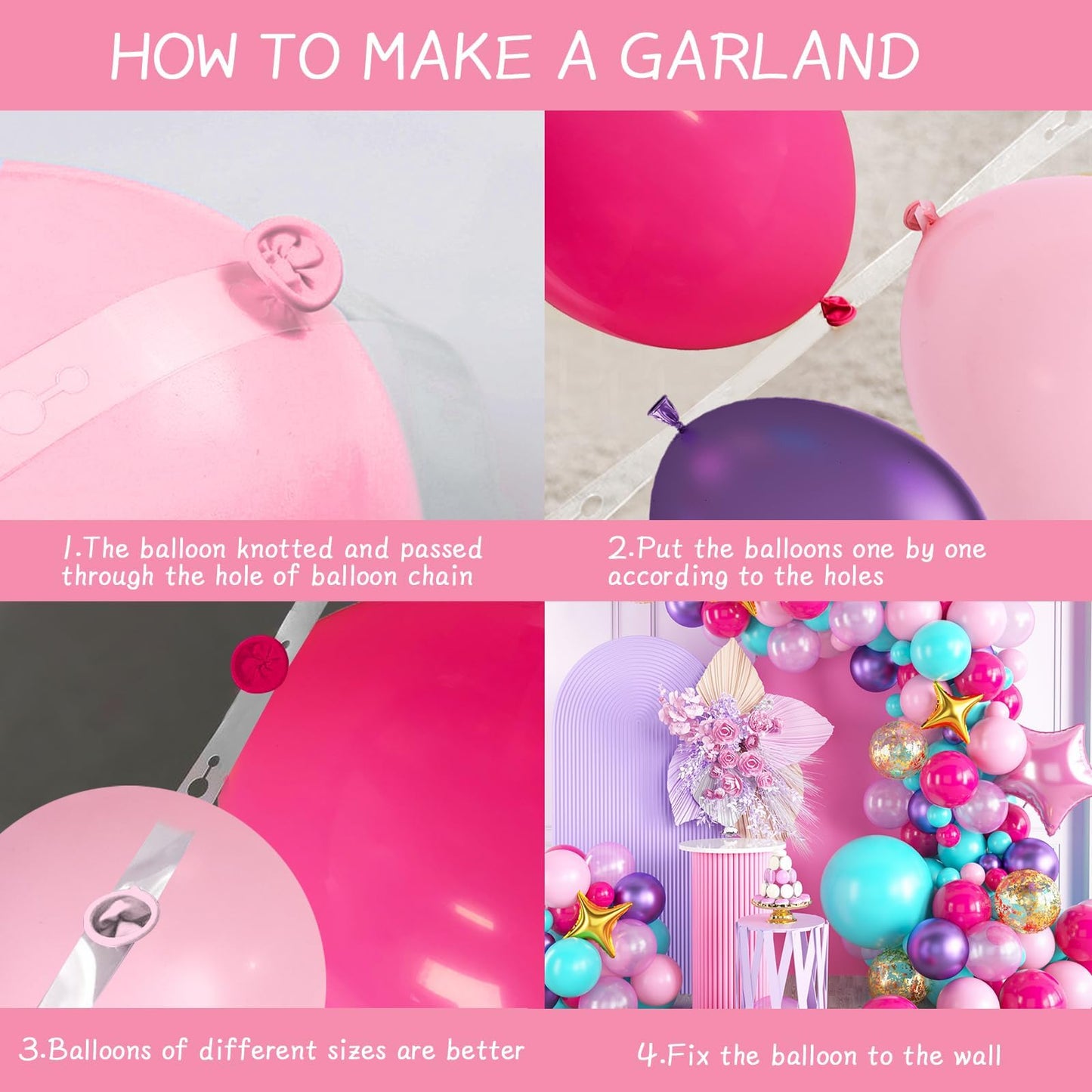 Pink Purple Balloon Arch Kit, Blue Pink Purple Balloon Arch Kit, Hot Pink Teal Balloons Arch, Hot Pink Balloon Garland With Conf