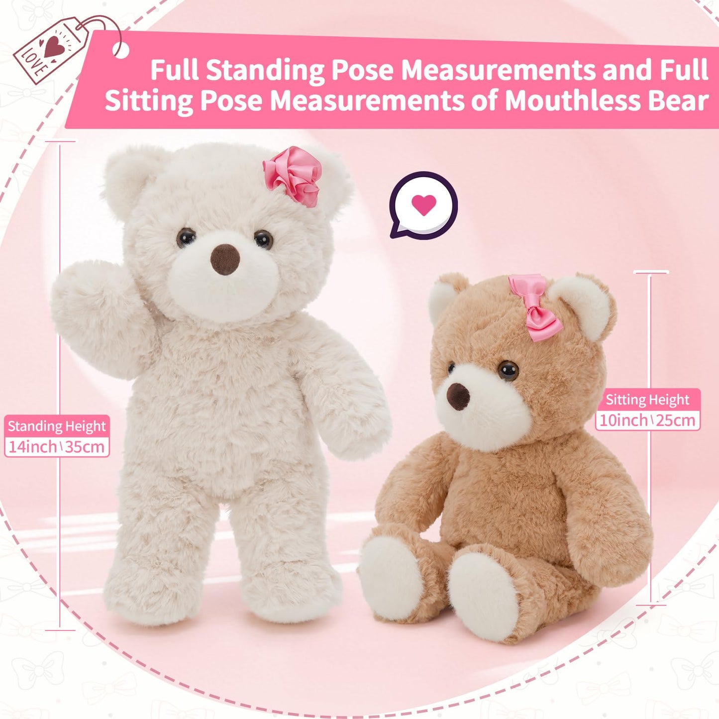 Muiteiur 2 Packs Teddy Bears Bulk, 13.8 Inch Teddy Bear Set with Pink Rose & Bow - No Mouth, Soft Plush Stuffed Animals, for Kid