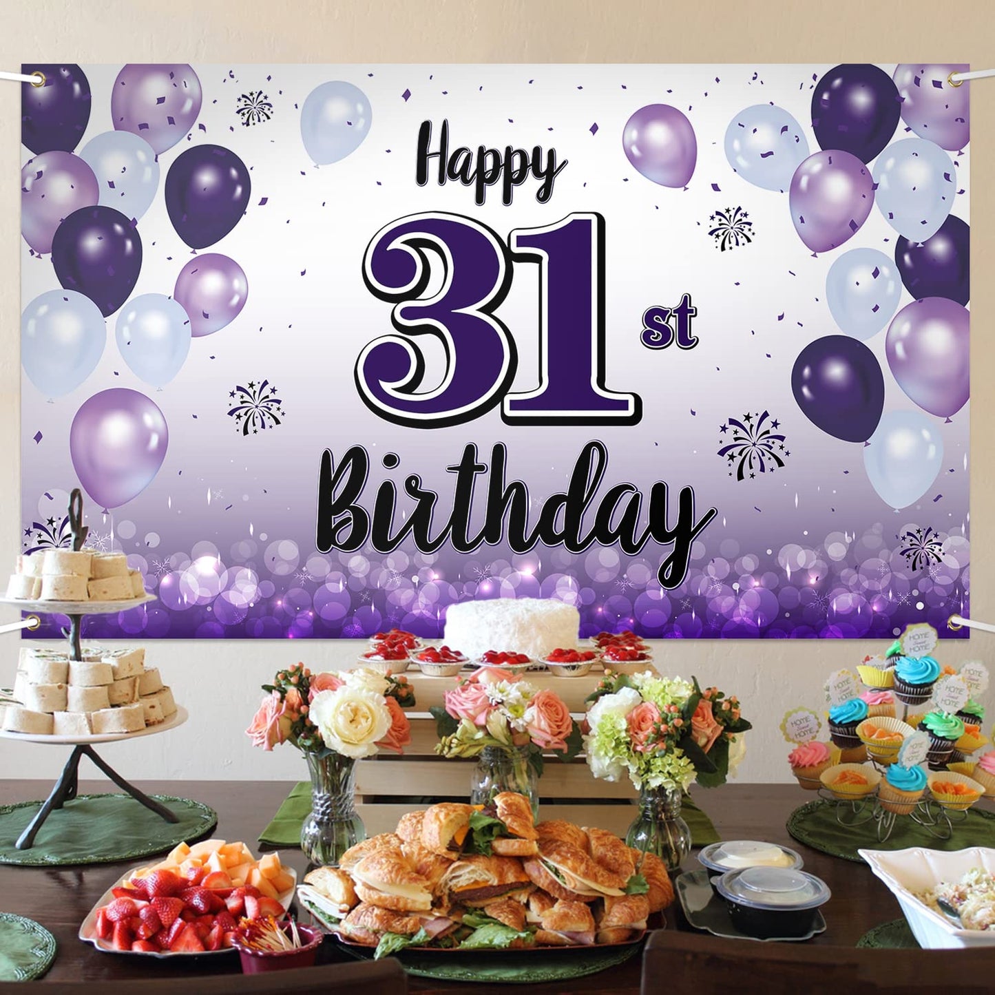 LASKYER Happy 31st Birthday Decorations,31st Purple Balloon Large Birthday Banner Backdrop Sign,31 Years Old Bday Party Supplies