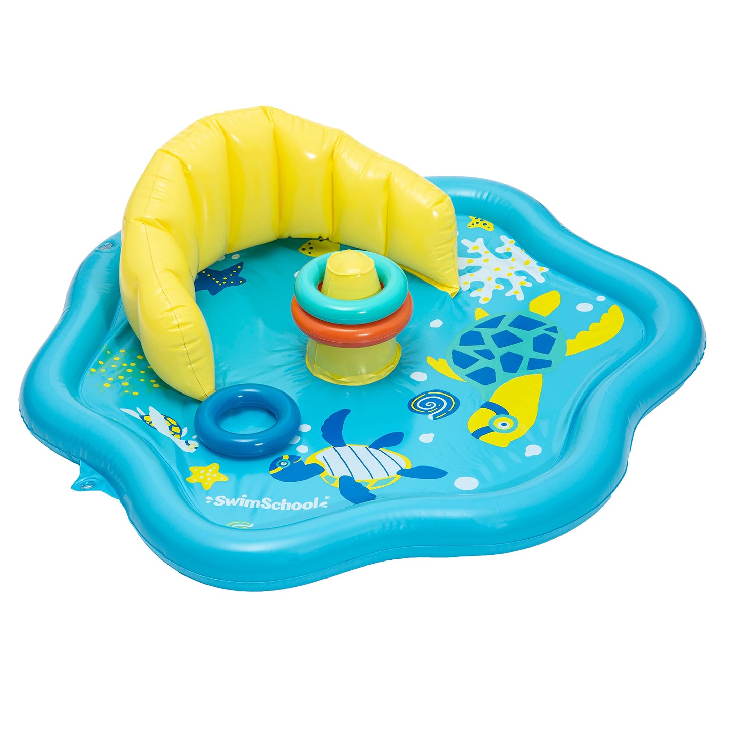 Swimschool Baby Splash Play Mat – Inflatable Play Pool For Babies & Infants With Backrest – Includes Baby Water Toy Rings– Seafoam Blue Lemon